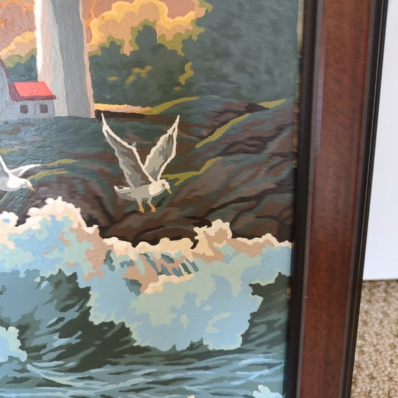 Vintage Paint By Number Framed Seascape Lighthouse Ocean View Painting - Picture 3 of 11